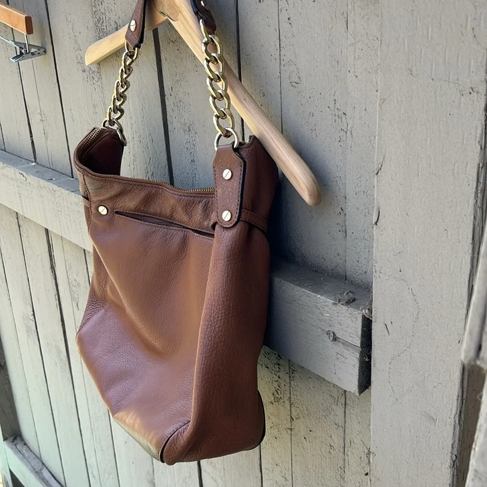 Michael Kors Brown Leather Hobo Bag with Chain Strap Details Bohemian Summer
